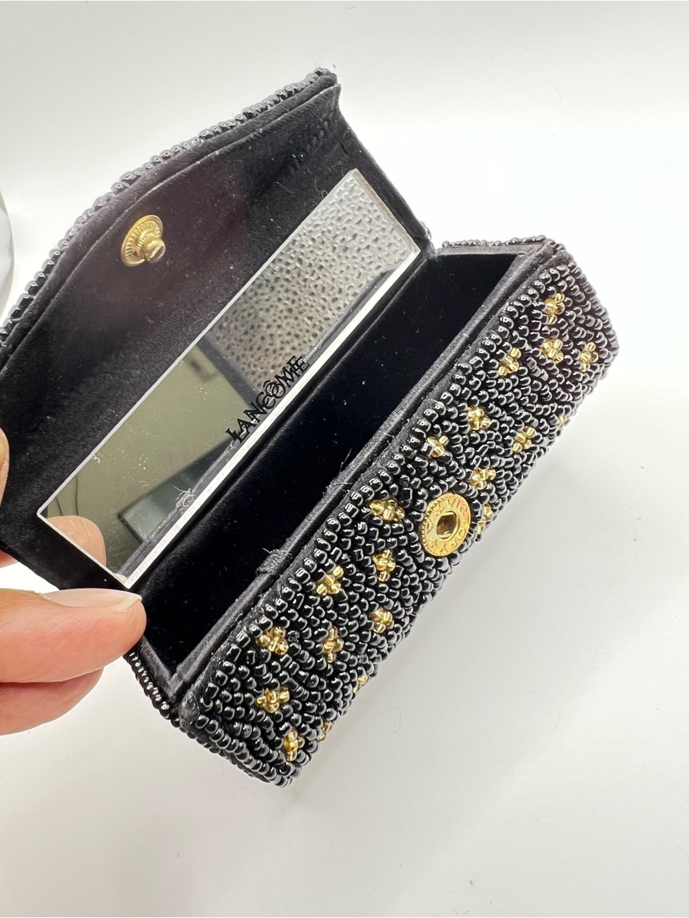 Lancome Black and Gold Beaded Cosmetic Case with Mirror